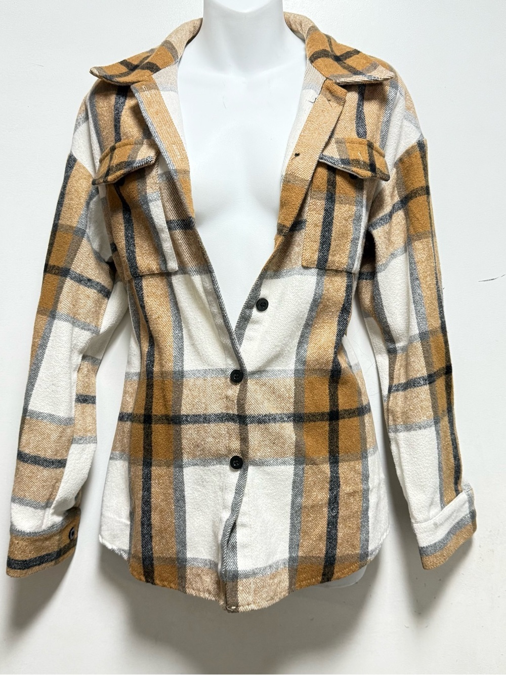 Classic Plaid Button-Front Women’s Sweater Jacket - Tan & White